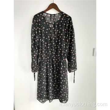 Abito in chiffon floreale nero da donna con maniche lunghe